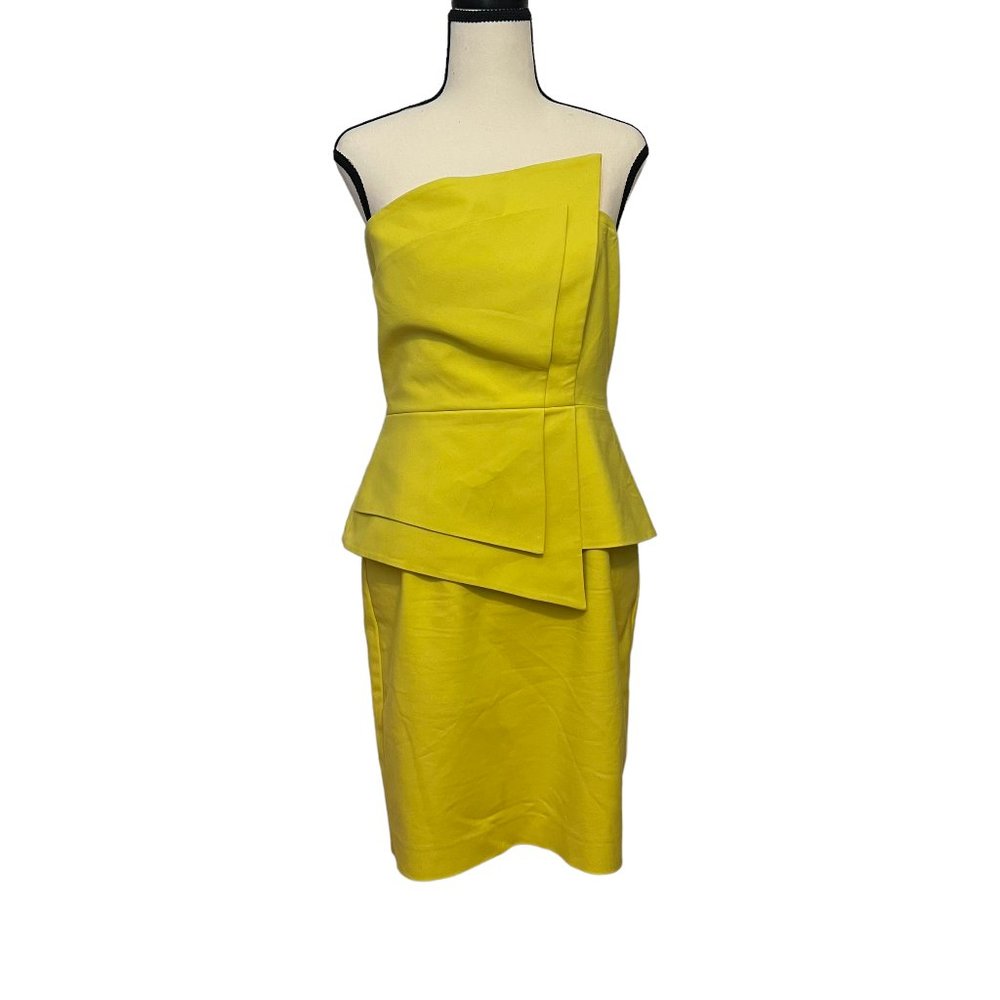 Black Halo Strapless Peplum Knee Length Dress, Bright Yellowish/Green, Size: 8